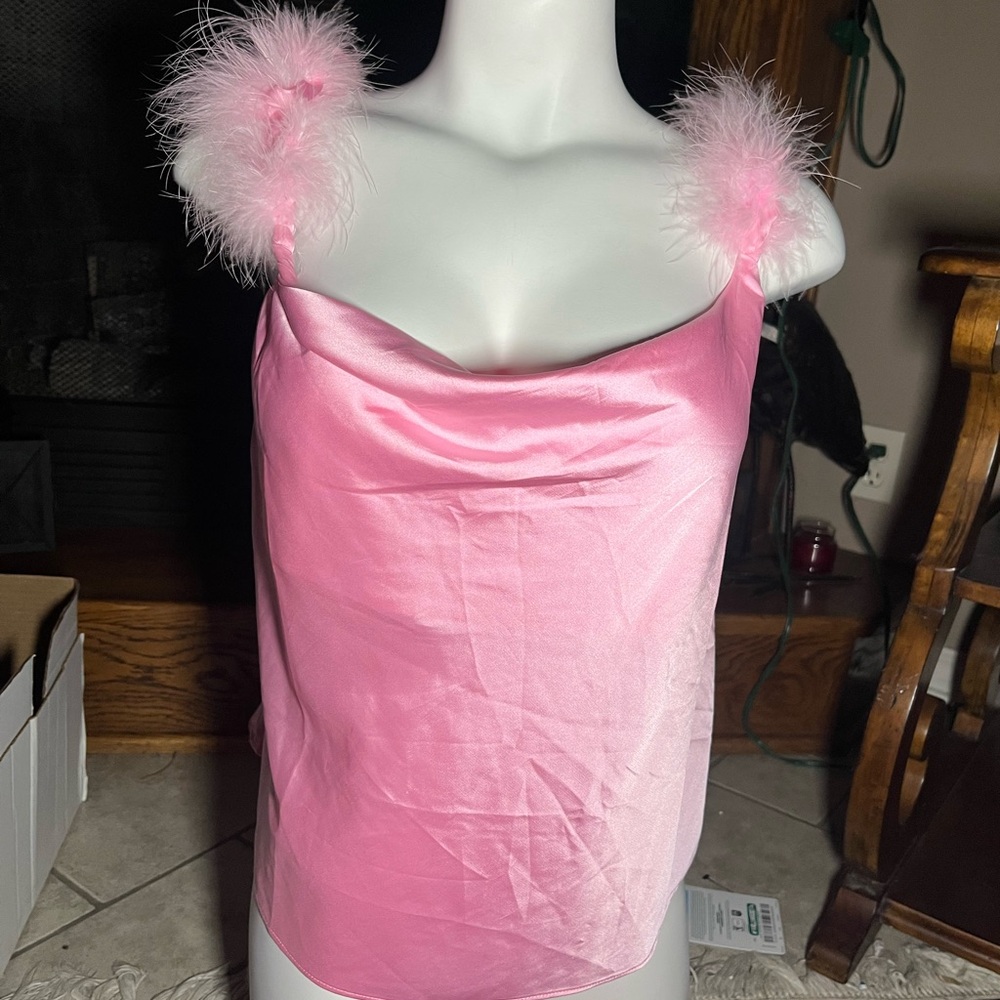 LEI Pink Satin Top with Feather Trim